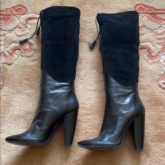 Costume National Black Leather Shearling Pull On High Heel Boots Made in Italy - Picture 3 of 13